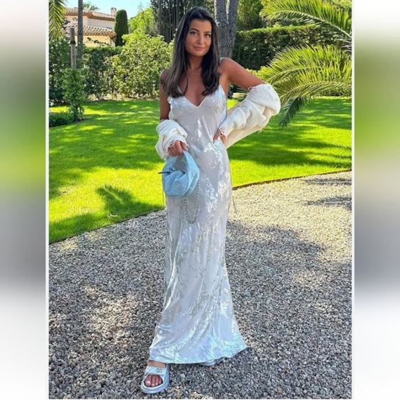 Zara Metallic Foil Slip Dress Maxi Size L - Picture 12 of 16